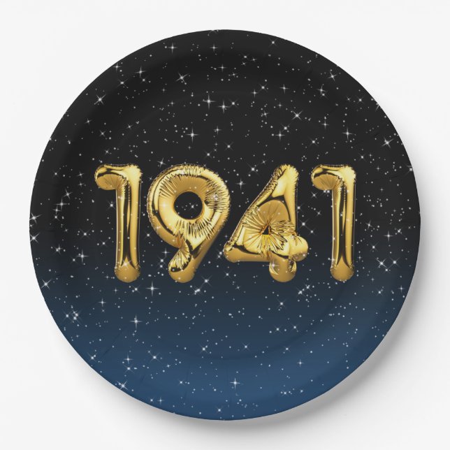 Gold 1941 Birth Year Balloons With Stars Paper Plate (Front)
