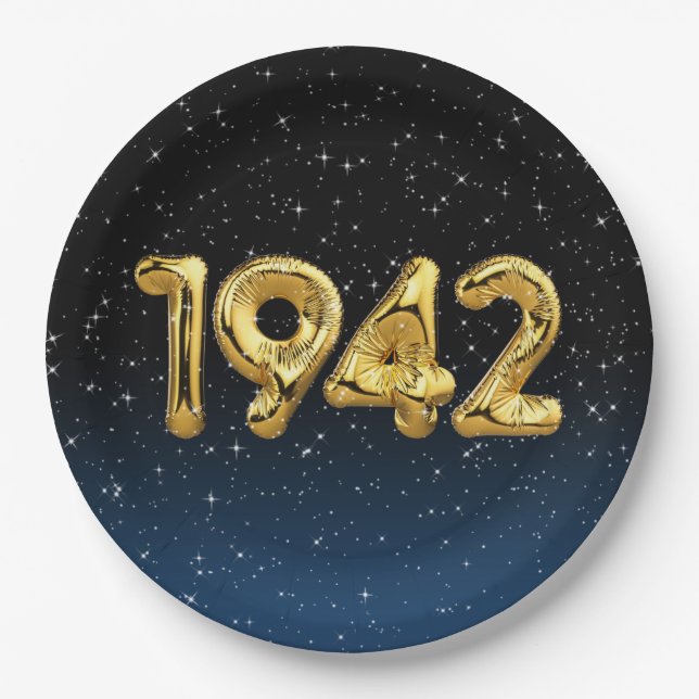 Gold 1942 Birth Year Balloons With Stars Paper Plate (Front)