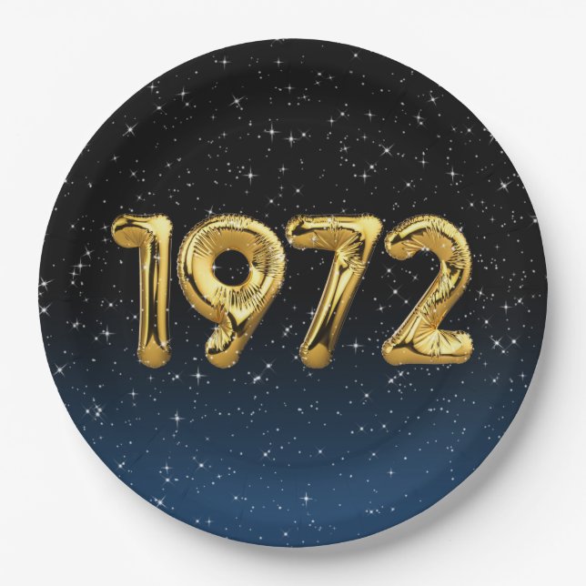 Gold 1972 Birth Year Balloons In Stars Paper Plate (Front)
