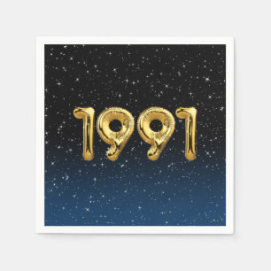 Gold 1991 Birth Year Balloons In Stars Napkin