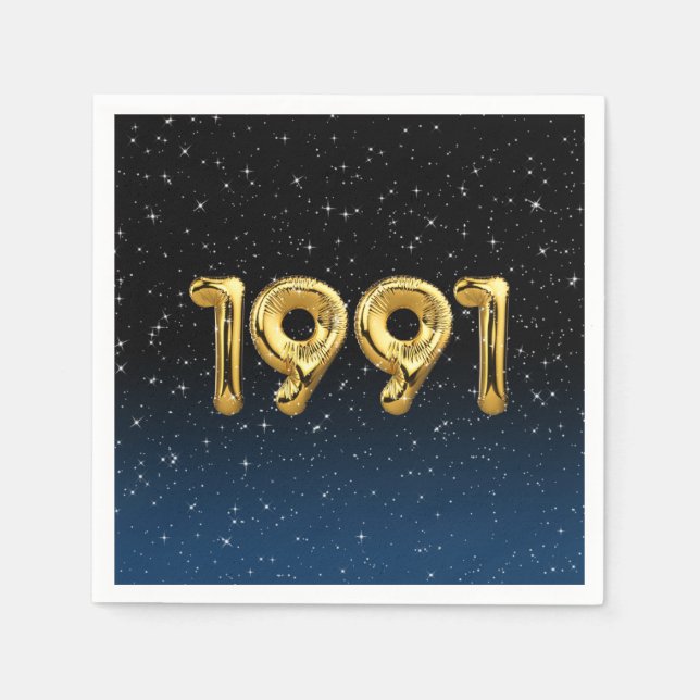 Gold 1991 Birth Year Balloons In Stars Napkin (Front)