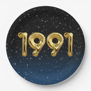 Gold 1991 Birth Year Balloons In Stars Paper Plate