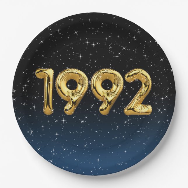 Gold 1992 Birth Year Balloons In Stars Paper Plate (Front)