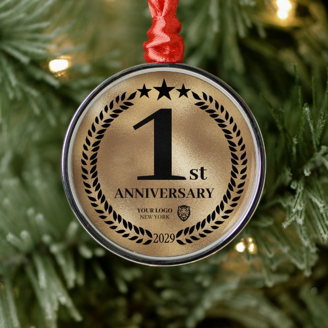 Gold 1st Anniversary Business Logo Christmas Metal Tree Decoration (Tree)