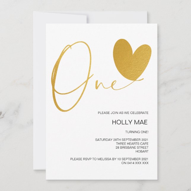Gold 1st Birthday Invitation One Birthday Heart (Front)