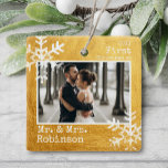 Gold 1st Christmas Mr. & Mrs. Photo Ceramic Ornament<br><div class="desc">Customise this ornament with your wedding photo and add your last name along with the year for this great Christmas keepsake.</div>