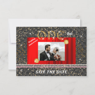 Gold 1st Wedding Anniversary Black Woven & Pearls Invitation