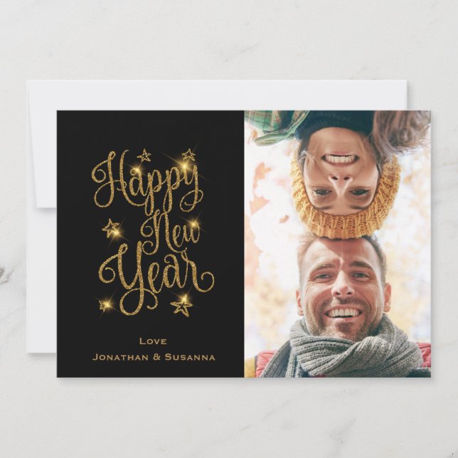Gold 2022 Stars & Glitter Happy New Year Photo Holiday Card (Front)