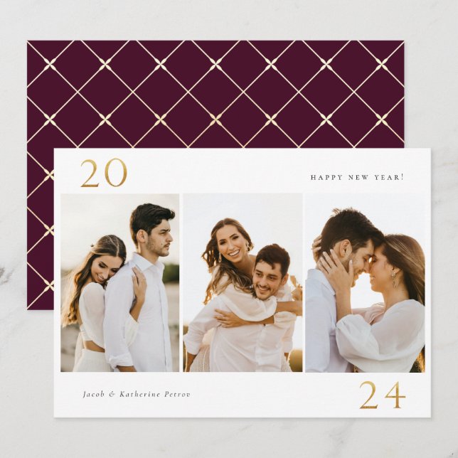 Gold 2024 New Year 3 Photo Holiday Card (Front/Back)