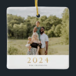 Gold 2024 Single Photo Christmas Ceramic Ornament<br><div class="desc">Modern minimalist festive design with gold faux foil "2024" ,  single photo ornament. Backing features solid dark royal purple colour.</div>