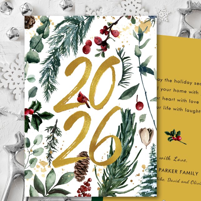 Gold 2025 Festive Christmas Pine Bough Red Floral  Holiday Card (Creator Uploaded)