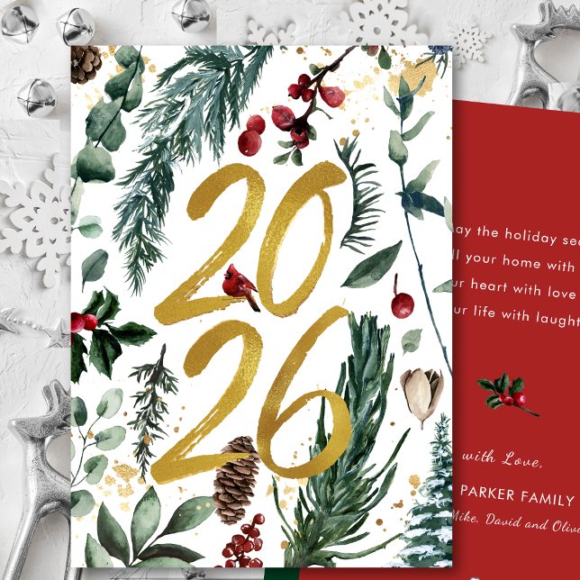 Gold 2025 Festive Christmas Pine Bough Red Floral  Holiday Card (Creator Uploaded)