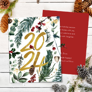 Gold 2025 Festive Christmas Pine Bough Red Floral  Holiday Card