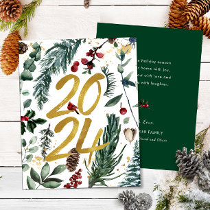 Gold 2025 Festive Christmas Pine Bough Red Floral  Holiday Card