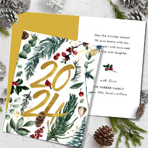 Gold 2025 Festive Christmas Pine Bough Red Floral Holiday Card