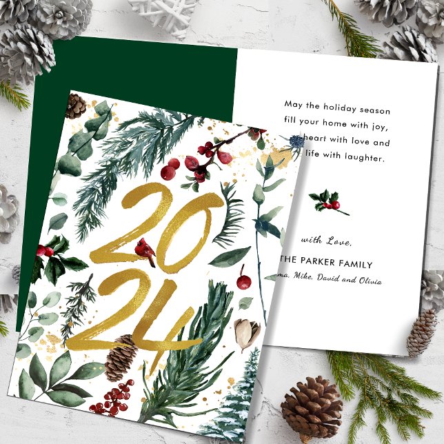Gold 2025 Festive Christmas Pine Bough Red Floral  Holiday Card (Creator Uploaded)