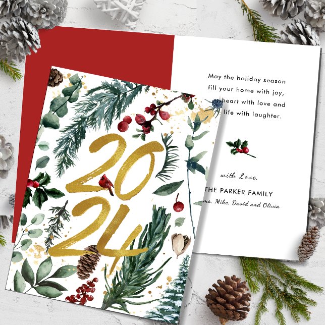 Gold 2025 Festive Christmas Pine Bough Red Floral  Holiday Card (Creator Uploaded)