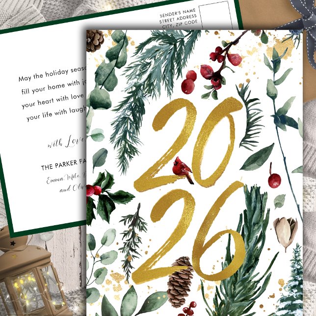 Gold 2025 Festive Christmas Pine Bough Red Floral Holiday Postcard (Creator Uploaded)