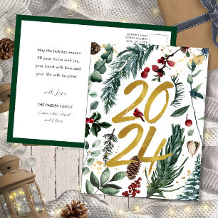 Gold 2025 Festive Christmas Pine Bough Red Floral Holiday Postcard