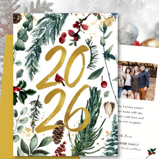 Gold 2025 Festive Christmas Pine Bough Red Photo Holiday Card
