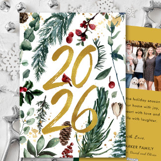 Gold 2025 Festive Christmas Pine Bough Red Photo Holiday Card