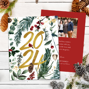Gold 2025 Festive Christmas Pine Bough Red Photo Holiday Card