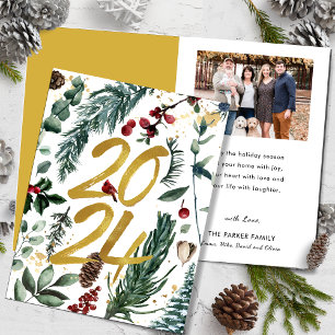 Gold 2025 Festive Christmas Pine Bough Red Photo Holiday Card