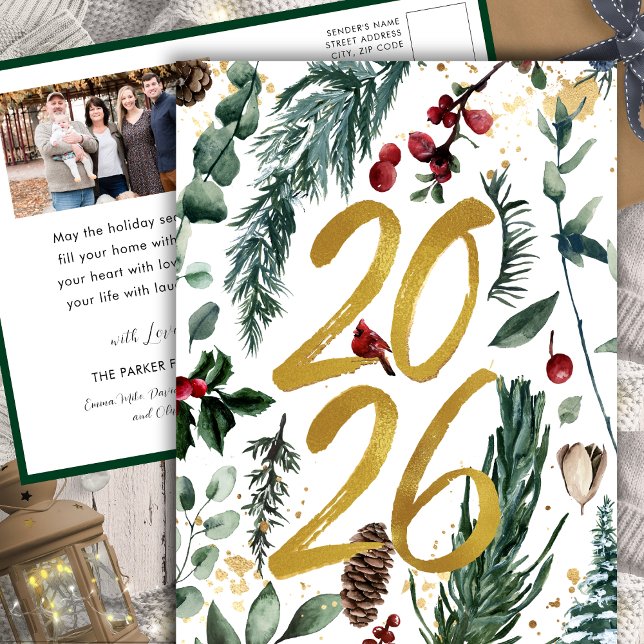 Gold 2025 Festive Christmas Pine Bough Red Photo Holiday Postcard (Creator Uploaded)