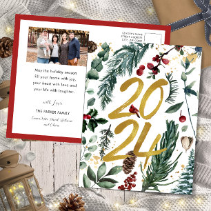 Gold 2025 Festive Christmas Pine Bough Red Photo Holiday Postcard