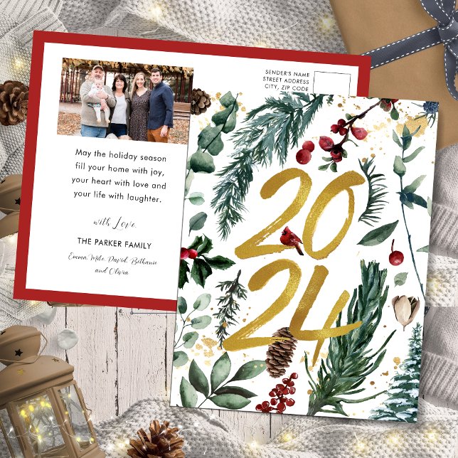 Gold 2025 Festive Christmas Pine Bough Red Photo Holiday Postcard (Creator Uploaded)