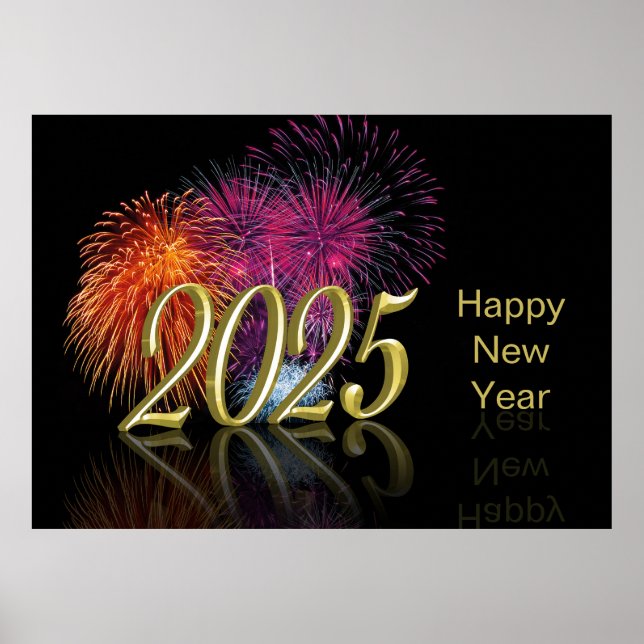 Gold 2025 Fireworks Happy New Year Poster (Front)