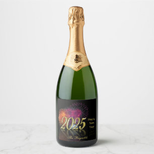 Gold 2025 Fireworks Happy New Year Sparkling Wine Label