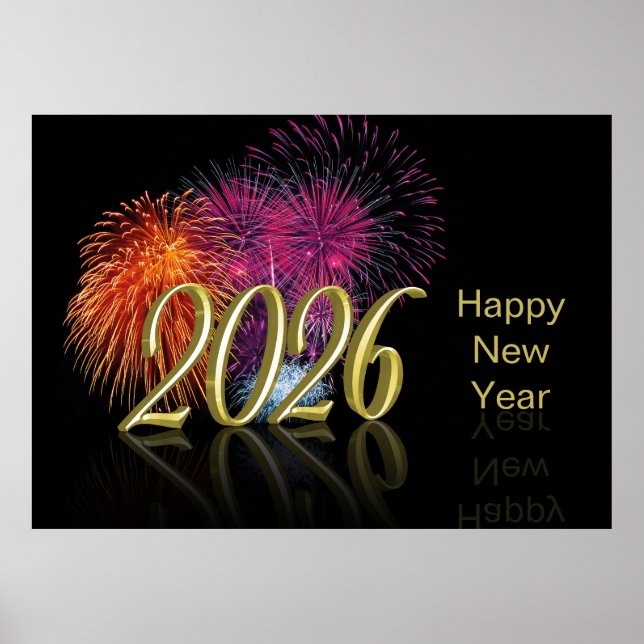 Gold 2026 Fireworks Happy New Year Poster (Front)