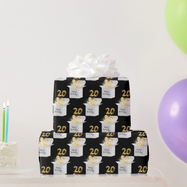 Gold 20th Birthday Balloons in White Box  Wrapping Paper (Party Gifts)