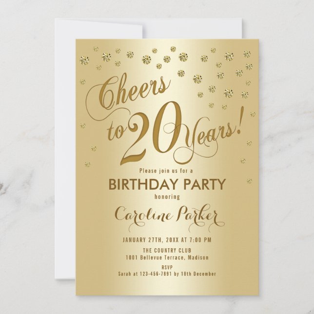 Gold 20th Birthday Party Invitation (Front)