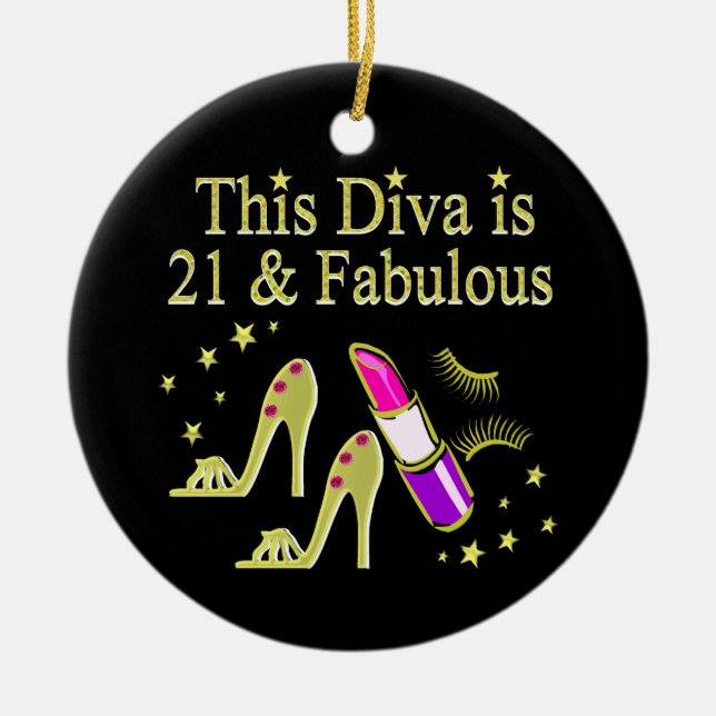 GOLD 21 AND FABULOUS BIRTHDAY DESIGN CERAMIC TREE DECORATION (Front)