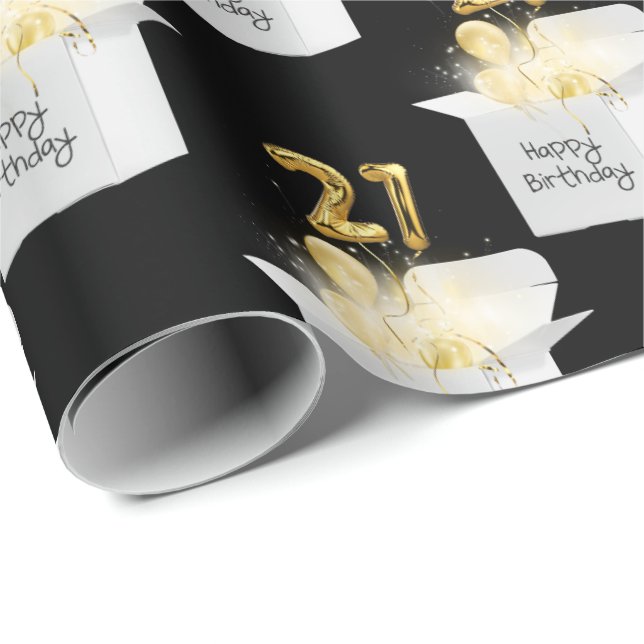 Gold 21st Birthday Balloons in White Box  Wrapping Paper (Roll Corner)