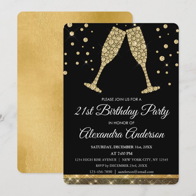 Gold 21st Birthday Party Diamond Champagne Glass Invitation (Front/Back)