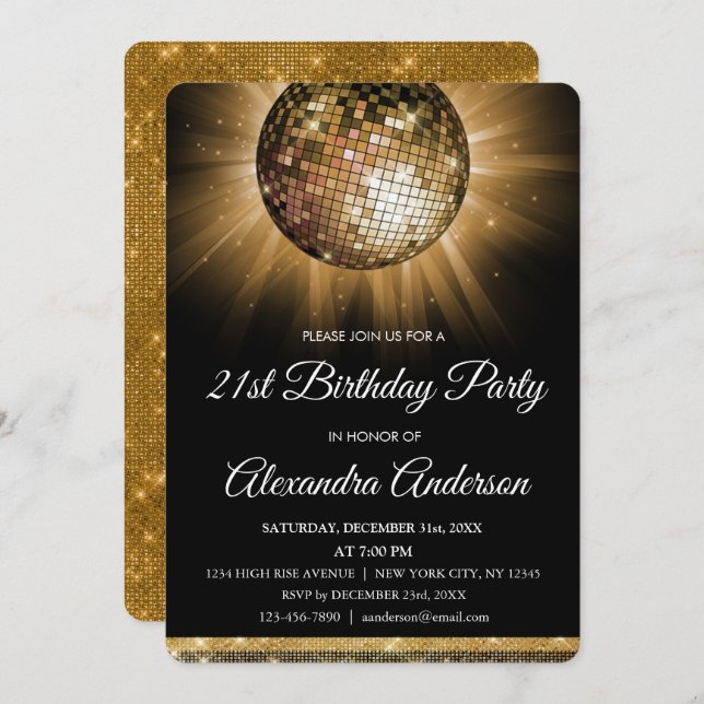 Gold 21st Birthday Party Gold Disco Ball Invitation (Front/Back)
