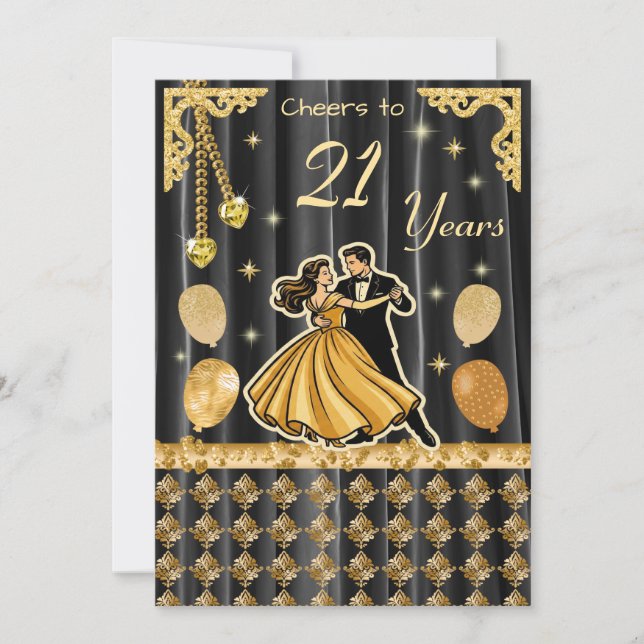 Gold 21st Birthday with Dancing Couple Invitation (Front)