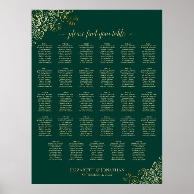 Gold 29 Table Wedding Seating Chart Emerald Green (Front)