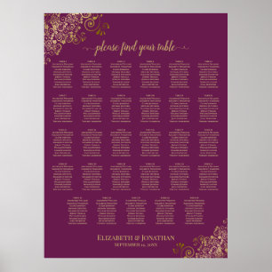 Gold 29 Table Wedding Seating Chart Magenta Plum