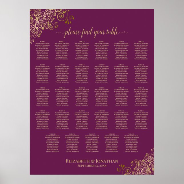 Gold 29 Table Wedding Seating Chart Magenta Plum (Front)