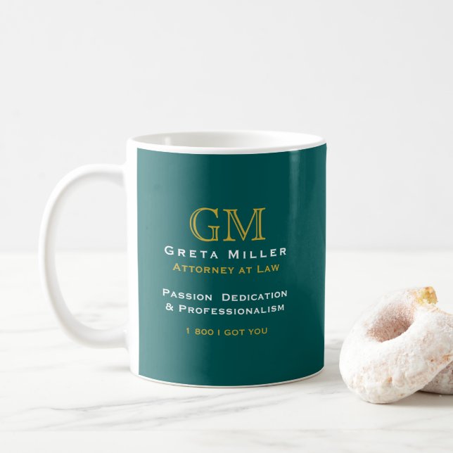 Gold 2 Letter Monogram Business Logo | Dark Teal Coffee Mug (With Donut)