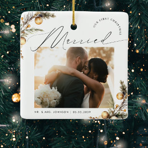 Gold 2 Photo 1st Christmas Married Merry Mr & Mrs Ceramic Ornament