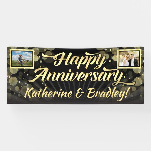 Gold 2 Photo Happy Anniversary Party Banner (Horizontal)