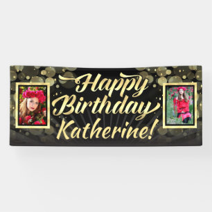 Gold 2 Photo Happy Birthday Party Banner