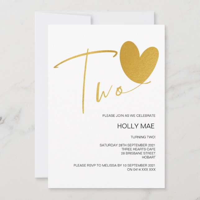 Gold 2nd Birthday Invitation Two Birthday Heart (Front)