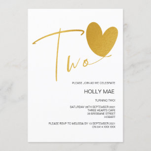 Gold 2nd Birthday Invitation Two Birthday Heart