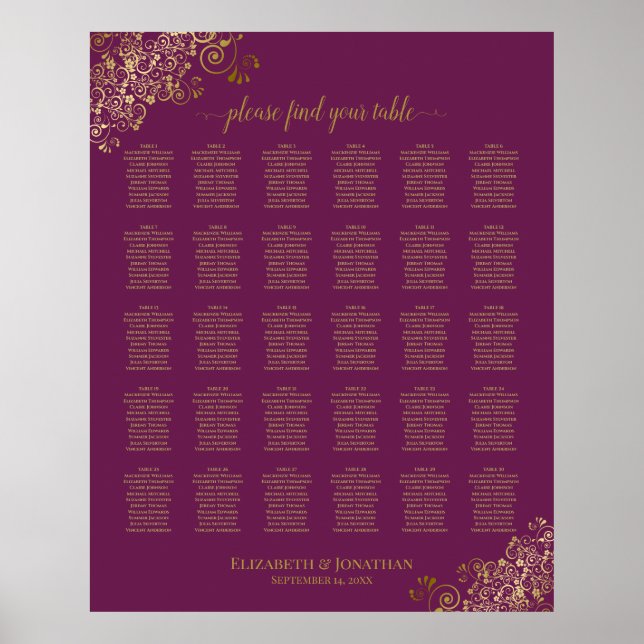 Gold 30 Table Wedding Seating Chart Cassis Purple (Front)